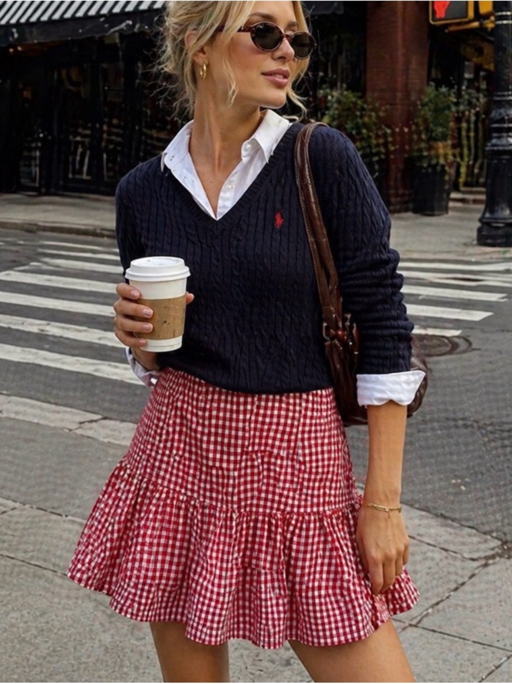 JAPNA Anthropologie Gingham Red Tiered Mini Skirt